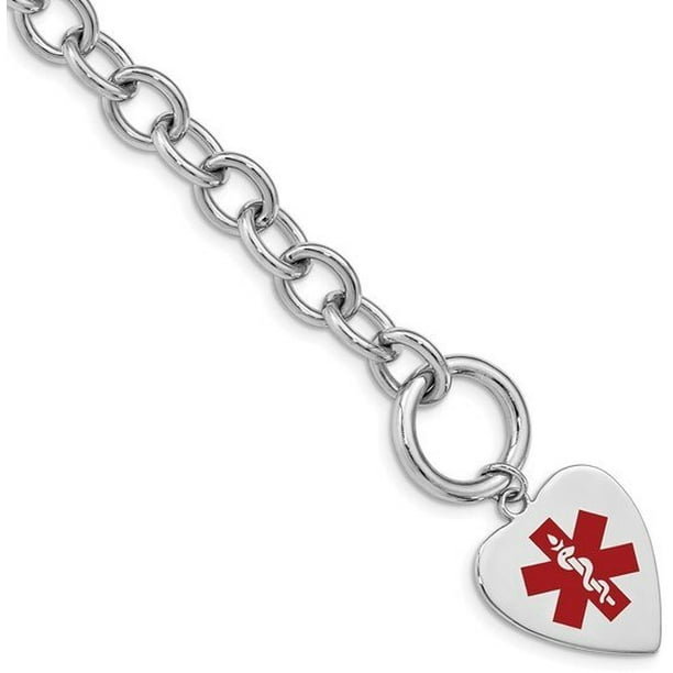 Sterling Silver Engraveable Enameled Heart Medical ID Bracelet 23 Inches Long Sterling Silver Engraveable Enameled Heart Medical ID Bracelet 23 Inches Long